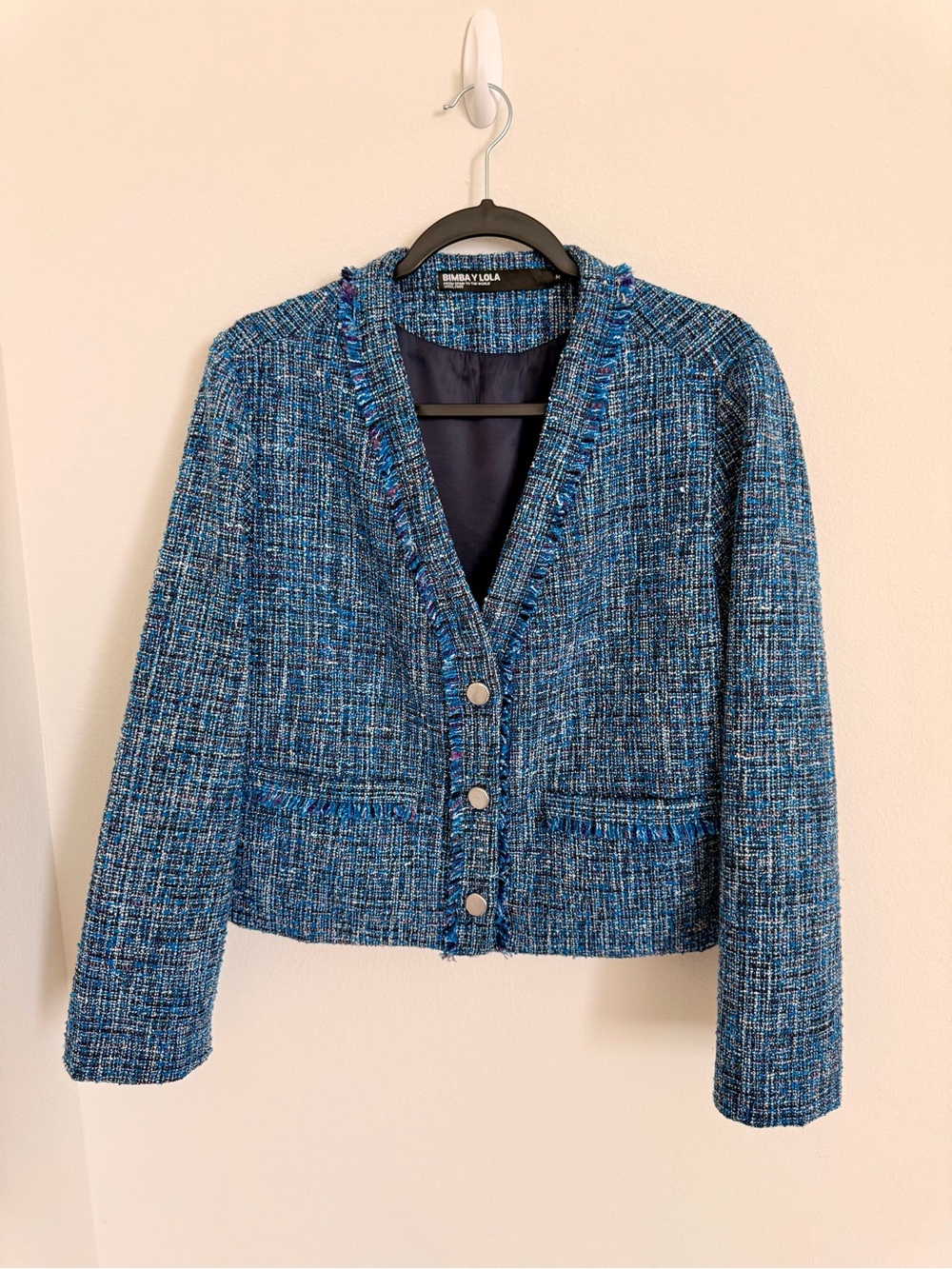 BIMBA Y LOLA Blue Tweed Jacket - Size M Cropped Fringe - Metallic Buttons